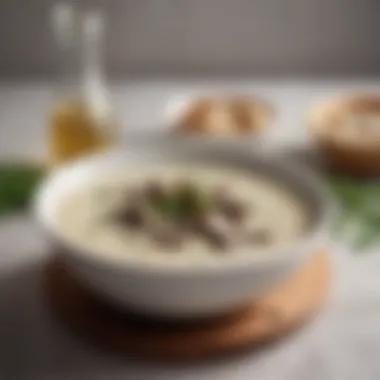 A delicate bowl of creamy mushroom soup topped with truffle oil and herbs