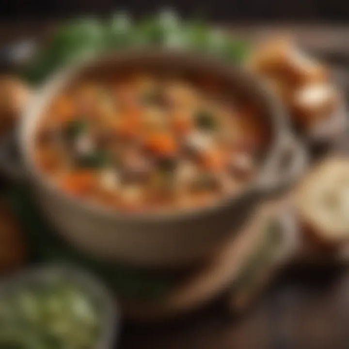 A rustic pot filled with hearty vegetable soup surrounded by fresh ingredients