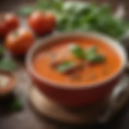 A vibrant bowl of tomato basil soup garnished with fresh herbs