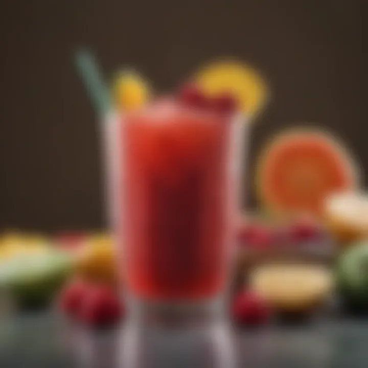 A close-up of a colorful seasonal beverage adorned with fresh fruit.