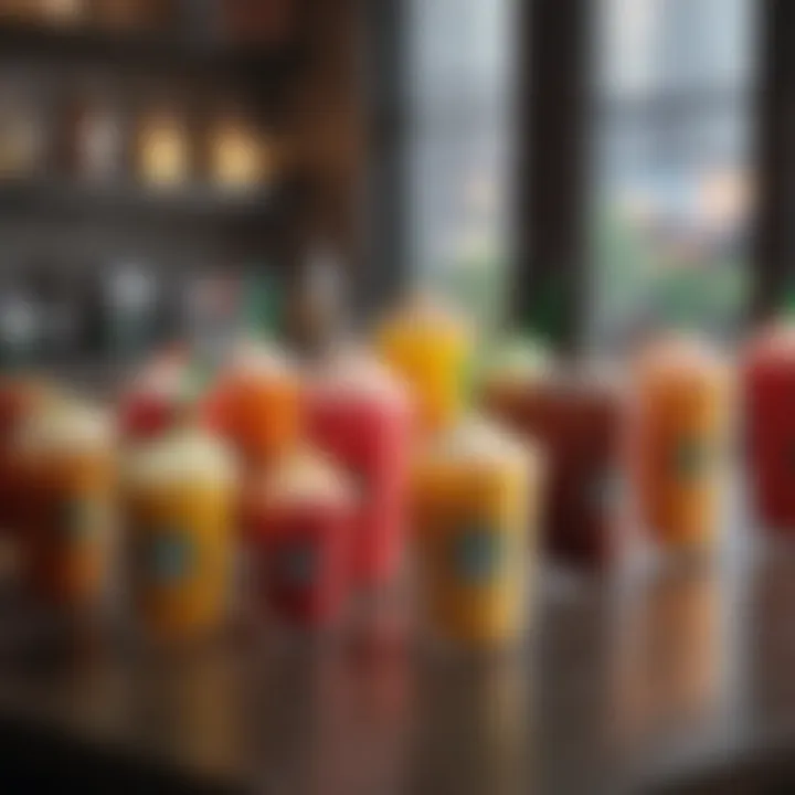 An array of vibrant sweet drinks displayed on a café table.