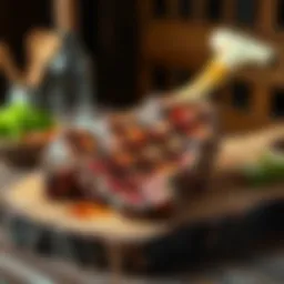 A beautifully presented tomahawk bone steak on a rustic wooden board
