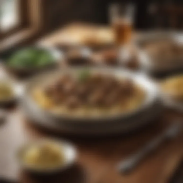 A rustic dining table set for a meal featuring beef stroganoff with side dishes