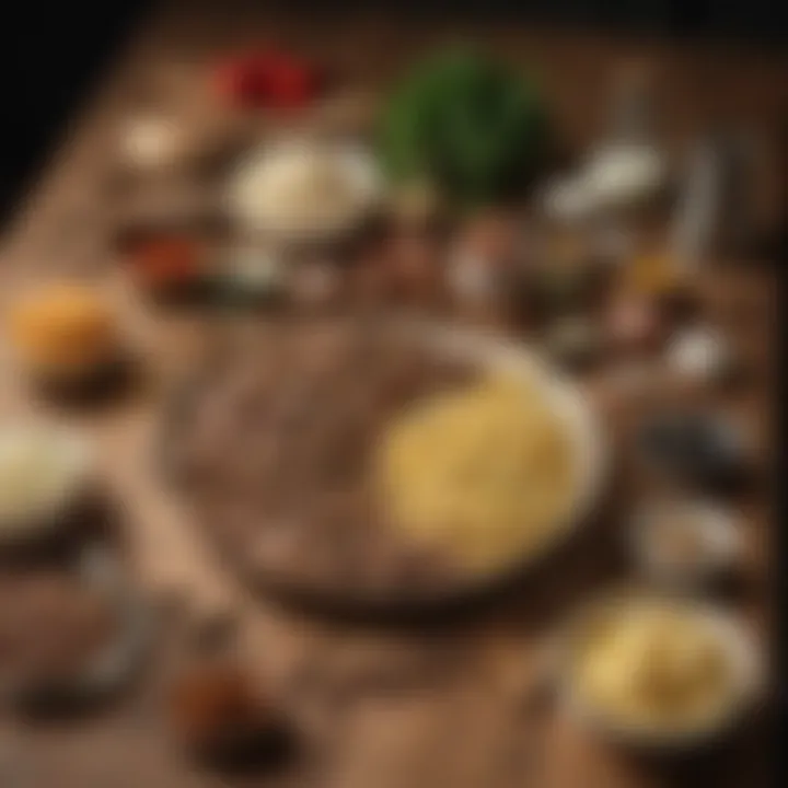 An array of ingredients for beef stroganoff laid out on a wooden kitchen counter