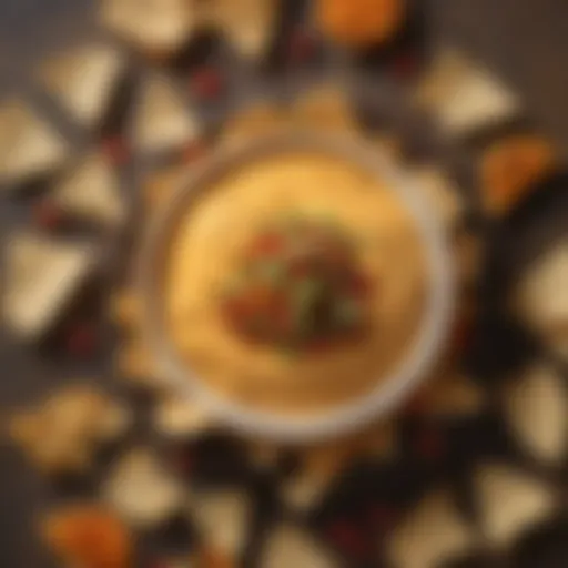 A gourmet spread featuring an assortment of nacho cheese variations alongside crunchy tortilla chips.