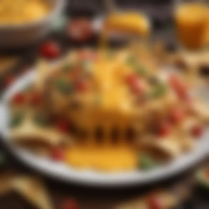 A close-up view of melted nacho cheese drizzling over a plate of freshly baked nachos with toppings.