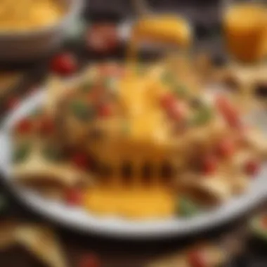 Melted Nacho Cheese Delight A close-up view of melted nacho cheese drizzling over a plate of freshly baked nachos with toppings.