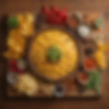 Nacho Cheese Ingredients A variety of nacho cheese ingredients including spices, peppers, and cheeses displayed on a wooden board.