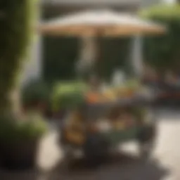 Stylish patio cart loaded with fresh herbs and cocktails