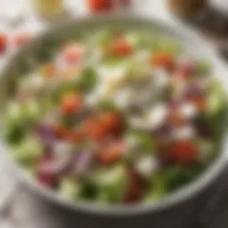 A vibrant salad drizzled with sour cream dressing, showcasing fresh vegetables.