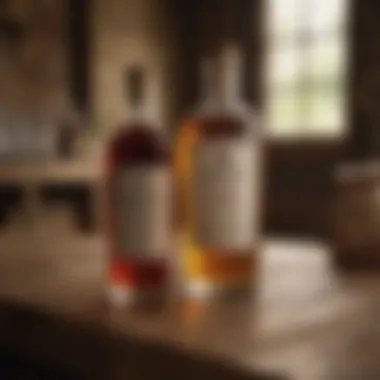 Artisanal spirits displayed in a rustic setting.