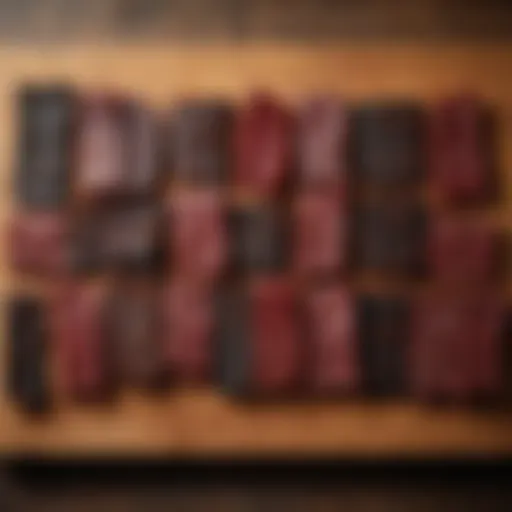 A selection of gourmet beef jerky varieties on a wooden platter