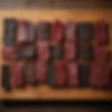 Gourmet Beef Jerky Varieties A selection of gourmet beef jerky varieties on a wooden platter