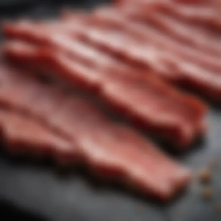 Close-up of marinated beef strips ready for dehydration