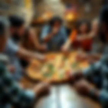 A group of friends sharing a large pizza, emphasizing the communal dining experience