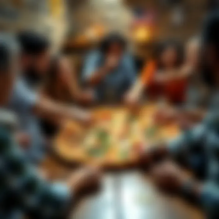 A group of friends sharing a large pizza, emphasizing the communal dining experience