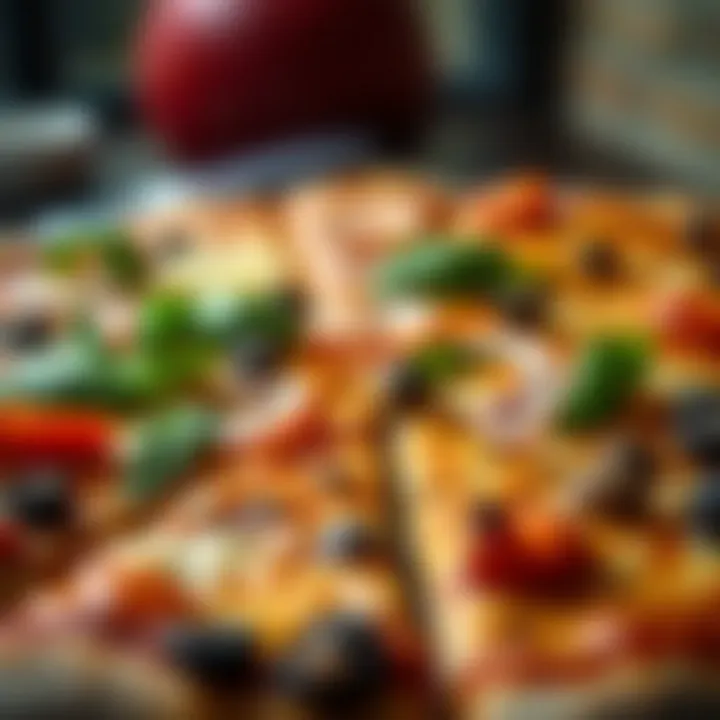 A close-up of a large pizza sliced, revealing its layered ingredients and textures