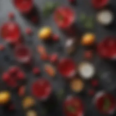 A selection of ingredients laid out for crafting red cocktails