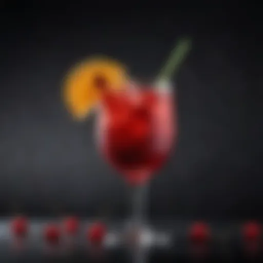 A vibrant red cocktail garnished with a slice of citrus and cherry
