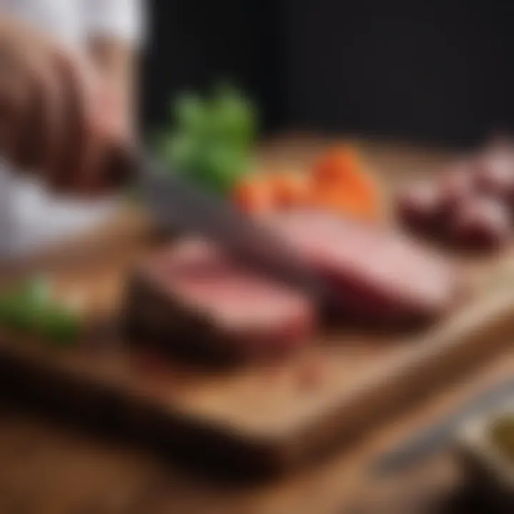 A chef’s knife and cutting board showcasing the slicing technique for short beef