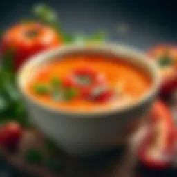A vibrant bowl of tomato and red pepper soup garnished with fresh herbs