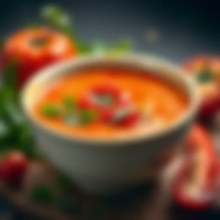 Garnished Tomato and Red Pepper Soup A vibrant bowl of tomato and red pepper soup garnished with fresh herbs