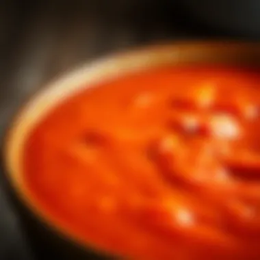 Texture of Tomato and Red Pepper Soup A close-up of the rich texture of tomato and red pepper soup in a ceramic bowl