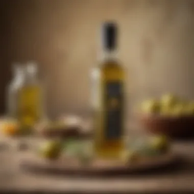 An elegant bottle of extra virgin olive oil on a rustic table