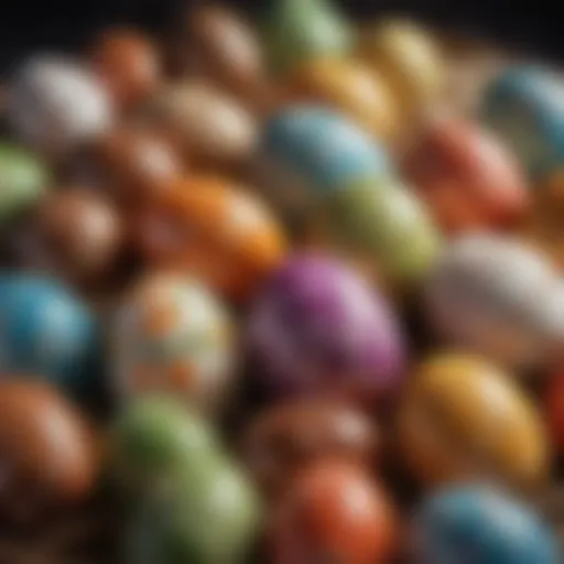 A vibrant display of decorated Easter eggs, symbolizing new beginnings and rebirth.