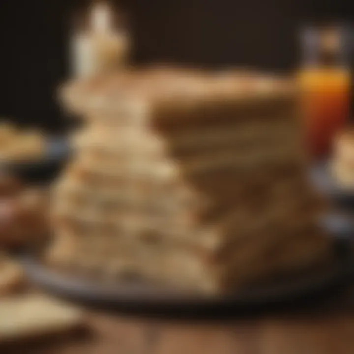 Matzo bread, a staple of Passover meals, displayed on a wooden table.