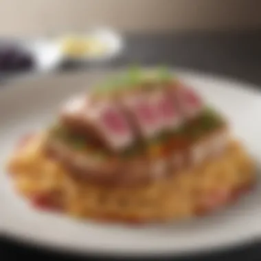 A beautifully arranged dish showcasing an innovative variation of tuna with noodles.