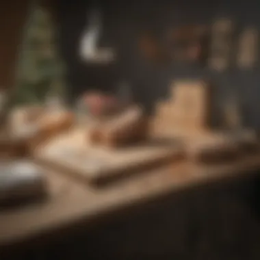A creative setup for a gift-wrapping station with unique materials