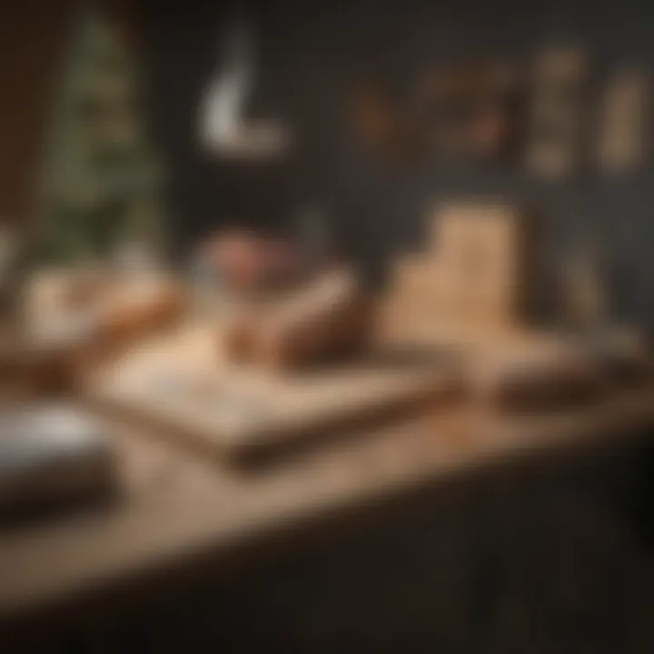 A creative setup for a gift-wrapping station with unique materials