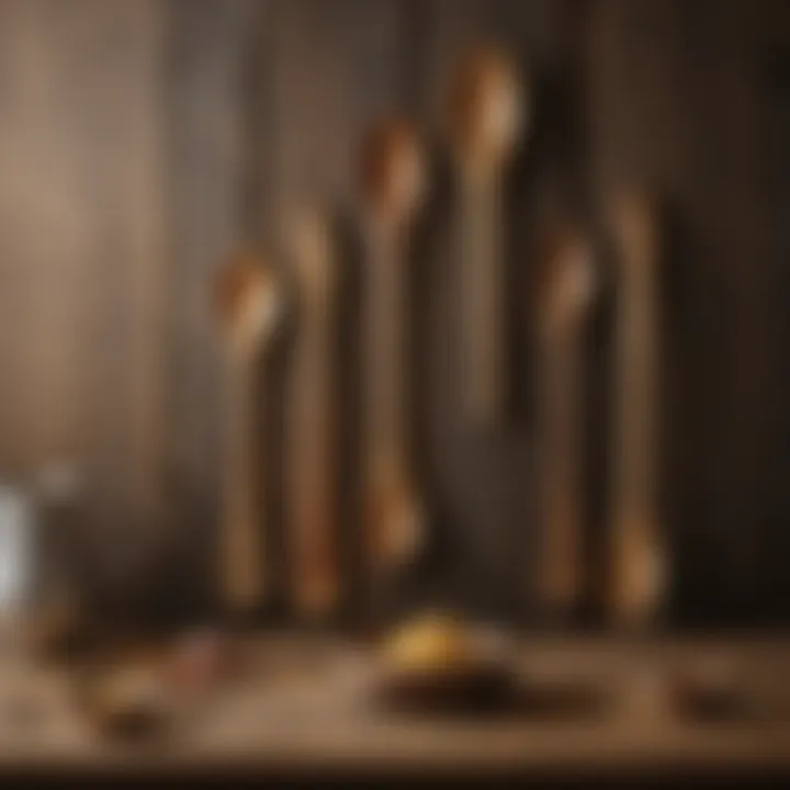 Historical wooden spoons displayed in a rustic kitchen setting