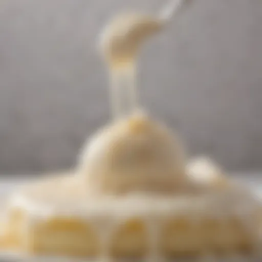 A close-up view of shimmering vanilla raspado syrup drizzling over a dessert