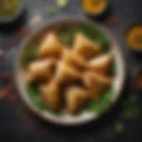 A beautifully arranged plate of vegan samosas garnished with fresh herbs