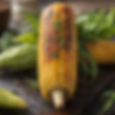 A close-up of grilled corn on the cob topped with herbs and spices