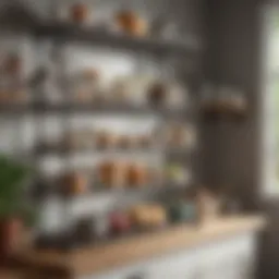 Elegant bakers rack showcasing adjustable shelves filled with kitchen essentials.