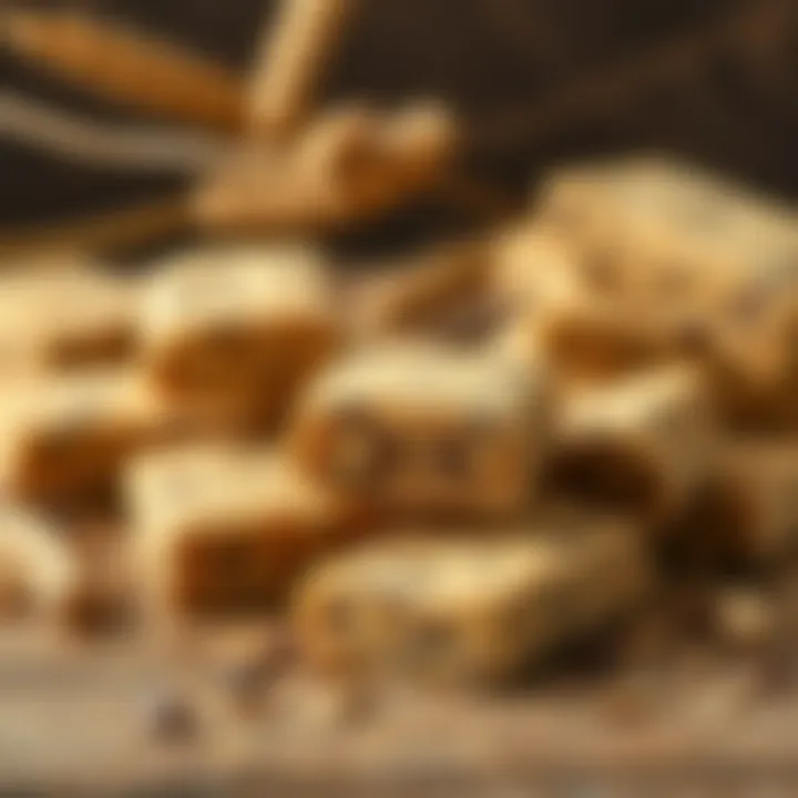 An artistic arrangement of wheat-free bars on a wooden table with a backdrop of natural elements