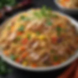 A vibrant dish of Yang Chow fried rice garnished with fresh herbs and colorful vegetables