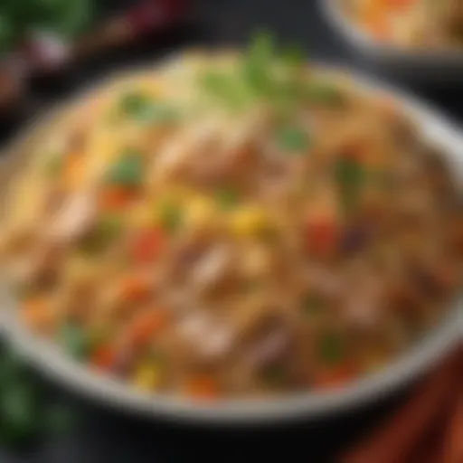 A vibrant dish of Yang Chow fried rice garnished with fresh herbs and colorful vegetables