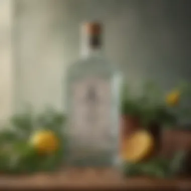 A vintage gin bottle surrounded by botanicals