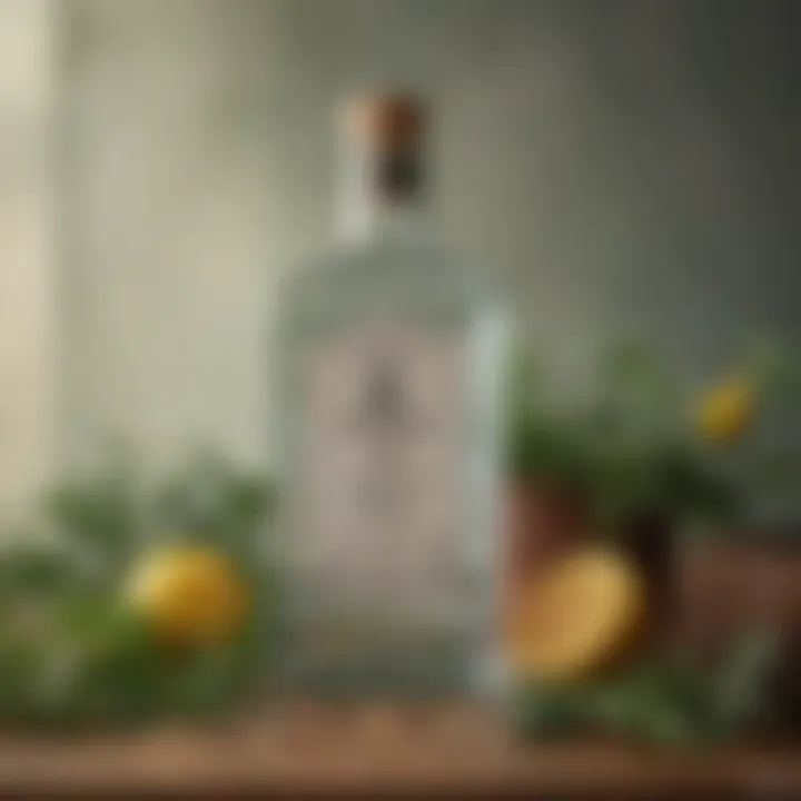 A vintage gin bottle surrounded by botanicals