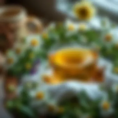 A tranquil setting with a bowl of chamomile tea surrounded by calming herbs