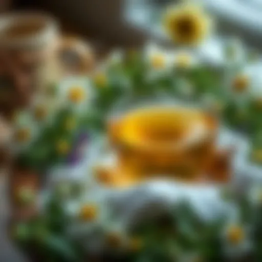 A tranquil setting with a bowl of chamomile tea surrounded by calming herbs