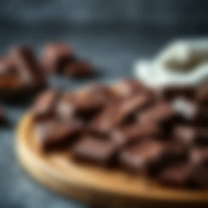 An inviting display of dark chocolate pieces on a wooden board