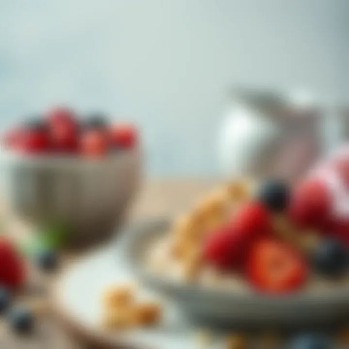 A serene breakfast scene featuring oatmeal topped with berries and nuts