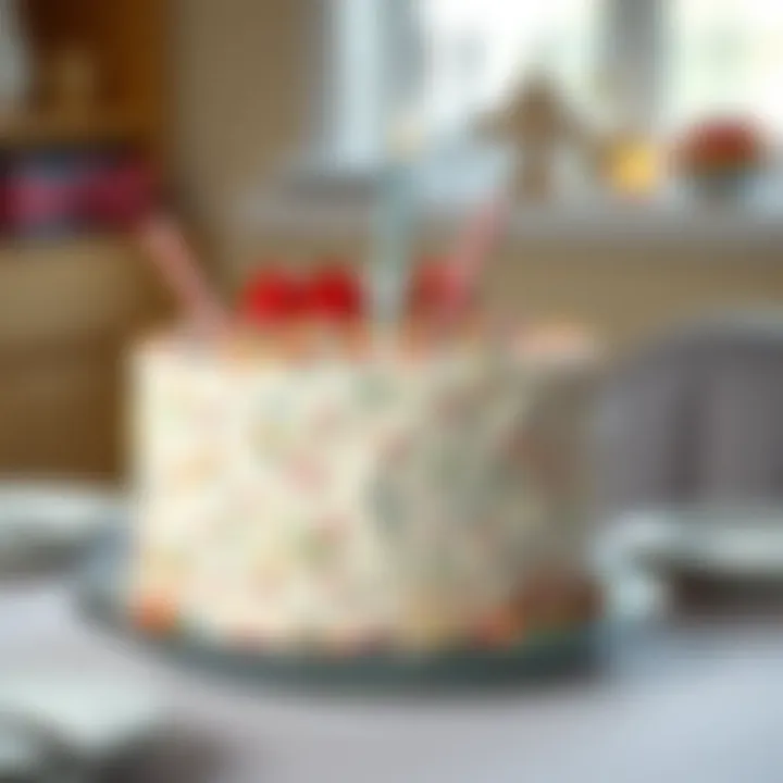 An elegant display of Funfetti Ice Cream Cake adorned with festive decorations.