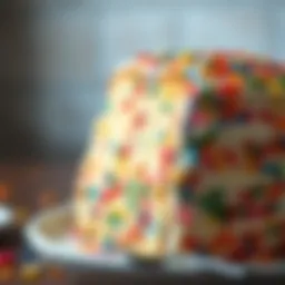 A vibrant slice of Funfetti Ice Cream Cake showcasing colorful sprinkles and creamy layers.