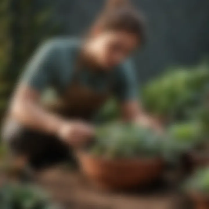 A gardener tending to leafy succulents, illustrating care and maintenance practices